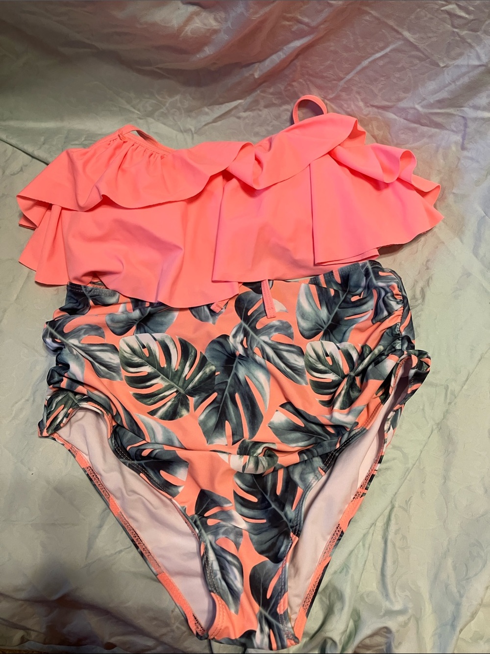 Ruffled One-Shoulder High-Waist Bikini Set in Coral Leaf Print